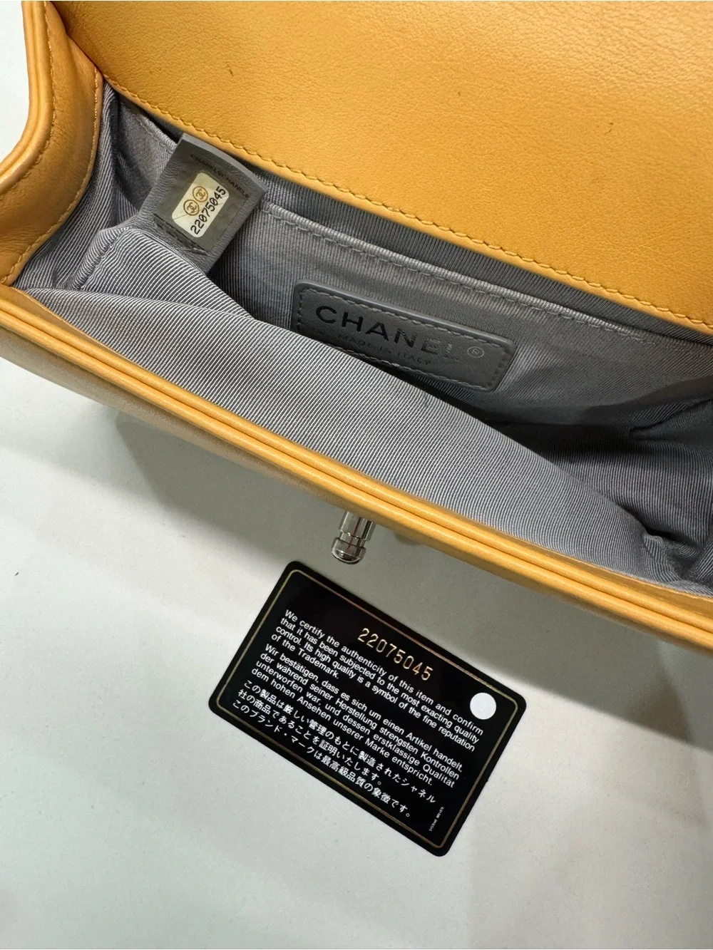 CHANEL Yellow Quilted Chevron Boy Crossbody with Silver Hardware